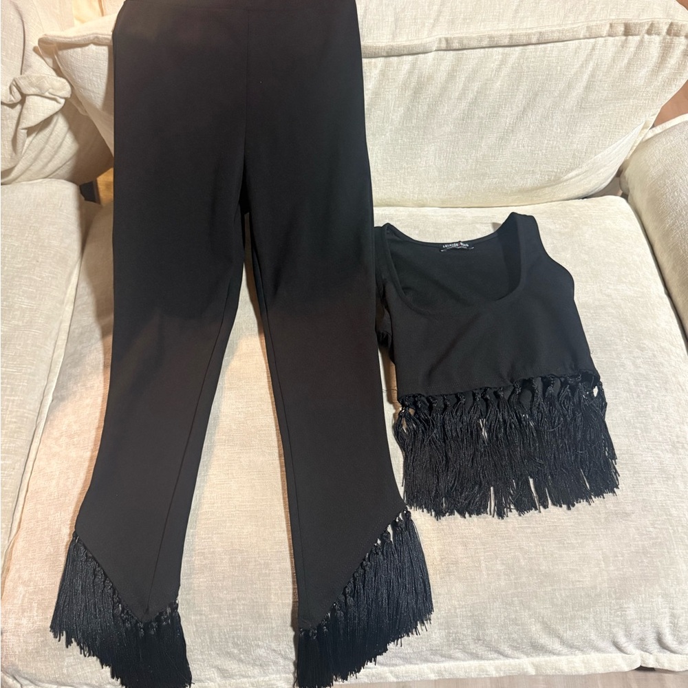 Fashion Nova Black Fringed Hem Boot Cut Pants & Cropped Tank Set